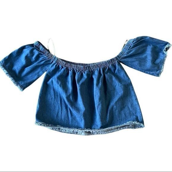 J.O.A Los Angeles Revolve Denim Off Shoulder Top Size Medium - Picture 5 of 9